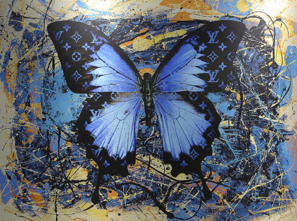 Blue Butterfly in Colorful Dream Amazing Pop Art Mix Media on Aluminum by Bisca