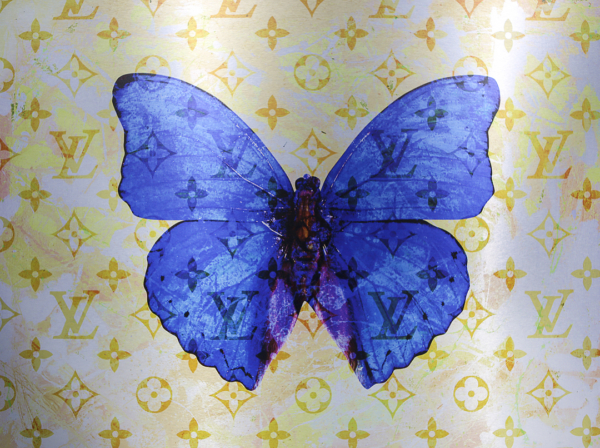 Blue Butterfly Autumn Amazing Pop Art Mix Media on Aluminum by Bisca