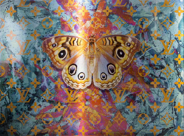 Golden Butterfly on Green Amazing Pop Art Mix Media on Aluminum by Bisca
