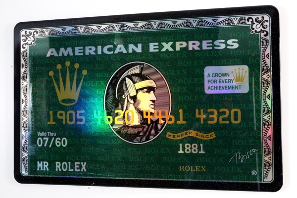 Mr Rolex Green Brushed, Amazing Original AMEX Art, American Express Mix Media Pop Art by Bisca