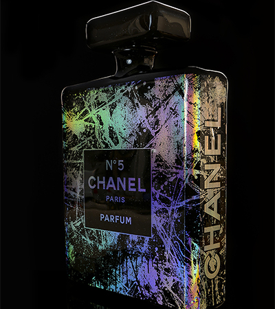 Original Pop Art Sculpture, Chanel Perfume No5 Bottle, Fashion Mixed Media Pop Art Sculpture by Bisca