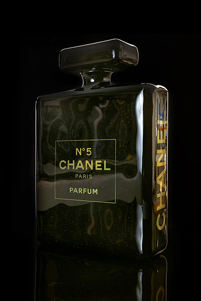 Chanel Pop art sculpture by Bisca. 15″ Chanel Abstract Luxury Perfume Designer Bottle, POP Art Mix Media Holographic Sculpture