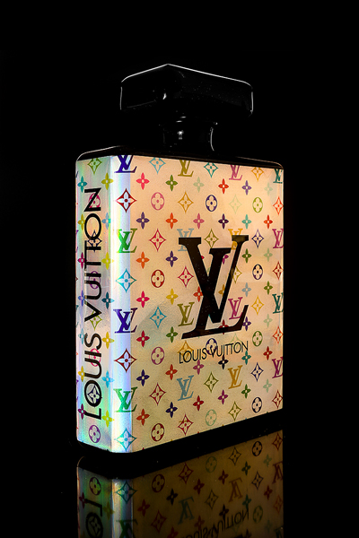 LV Pop art sculpture by Bisca. 15″ Chanel Abstract Luxury Perfume Designer Bottle, POP Art Mix Media Holographic Sculpture